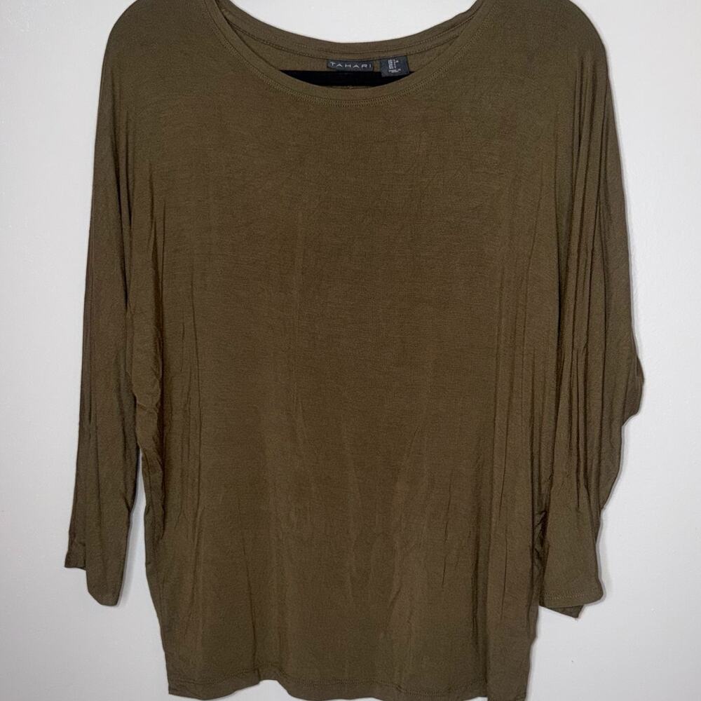 Tahari Dolman Sleeve Womens Size Large Olive Green Long Sleeve Round Neck Blouse